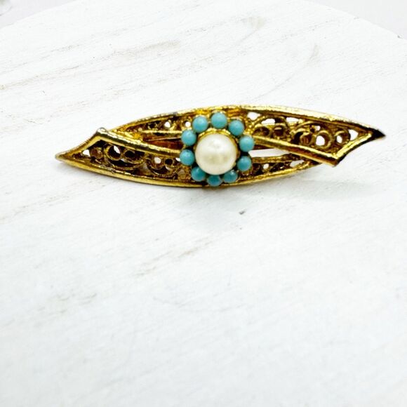 Vtg Mid Century MCM Faux Pearl And Turquoise Gold Tone Filigree Bar Pin Brooch - Picture 8 of 8